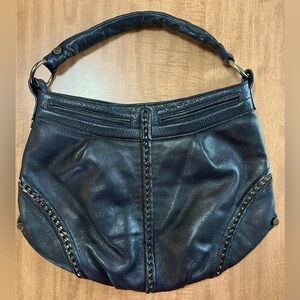 Kenneth Cole New York Black Leather Shoulder Bag siver-tone Chain Detail